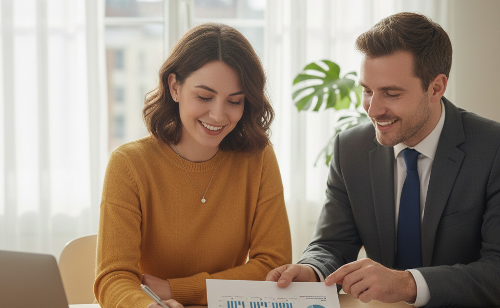 Mujer autónoma planifica su futuro con un asesor en su despacho