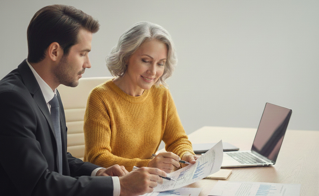 Mujer planifica su plan de pensiones con un asesor fiscal