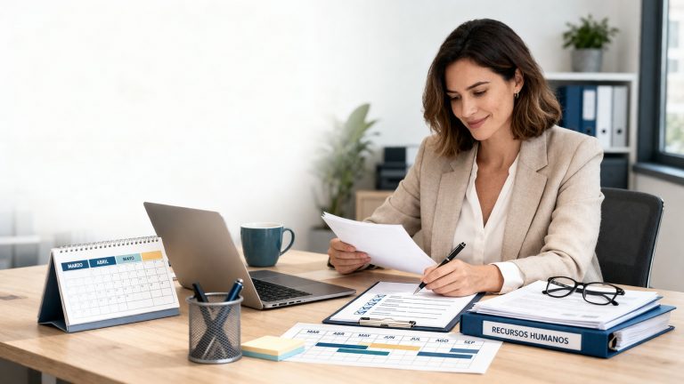 Empresaria organizando contratación temporal para su empresa