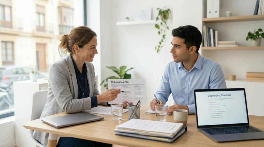 Primer día de onboarding de un nuevo empleado en una pequeña empresa