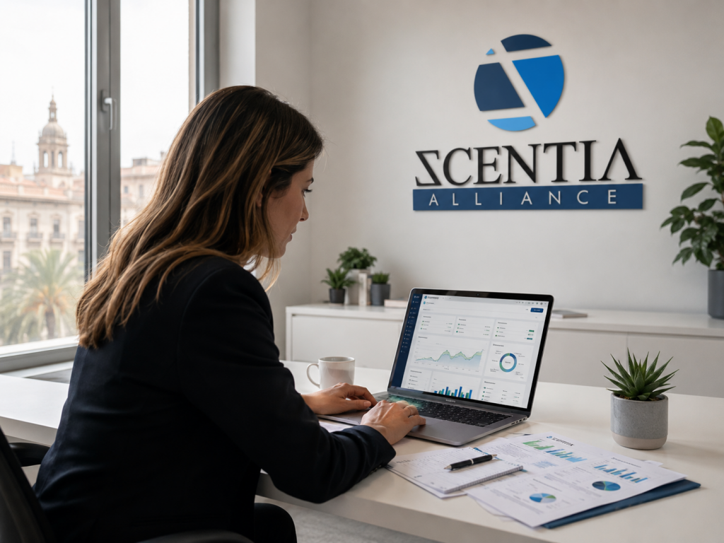 Asesora revisando software de facturación VeriFactu para una pyme en una oficina profesional.