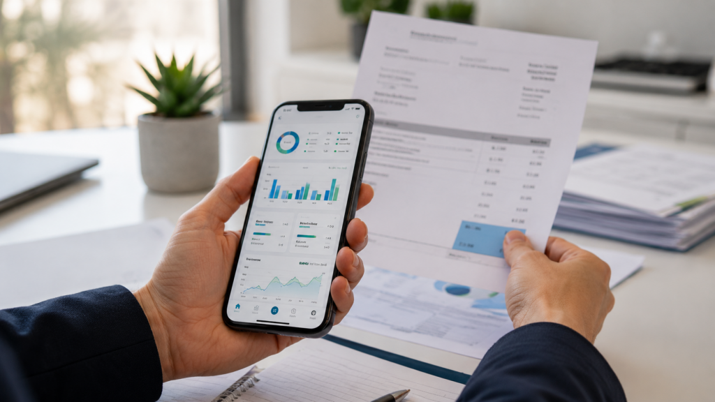 Persona revisa en el móvil los datos financieros de su negocio